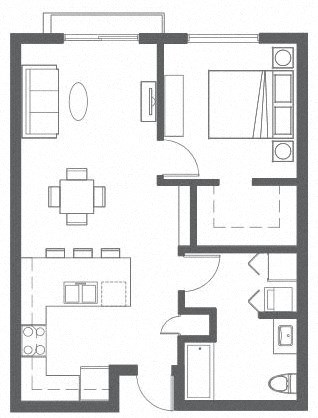 Floor plan for 1 bed, 1 bath, 665 sqft